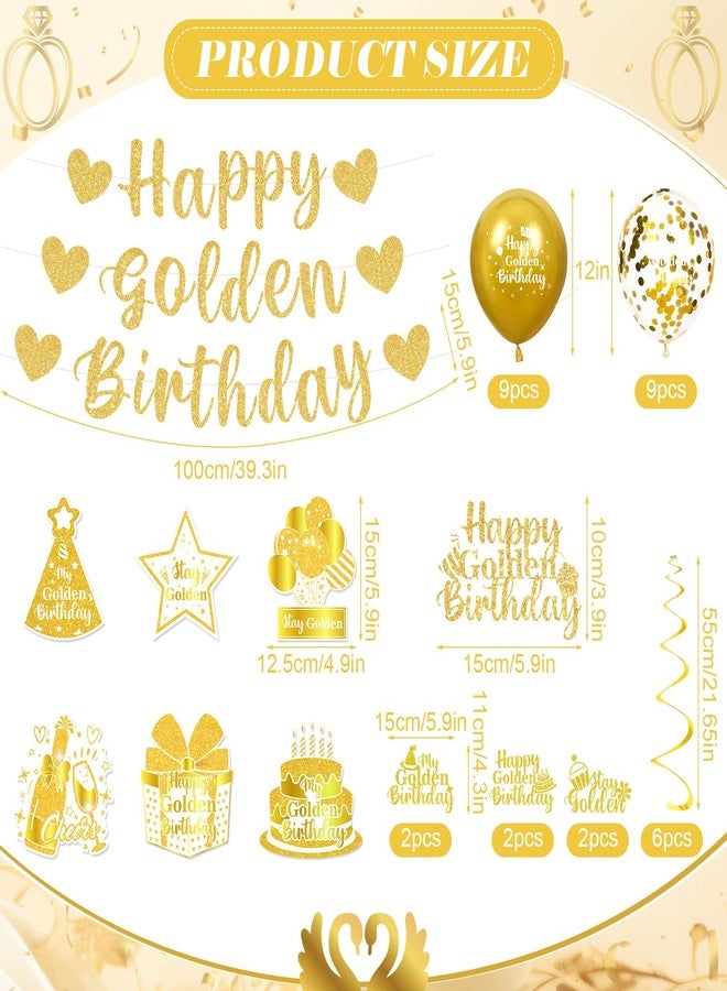 Woosytoo 32 Pcs Happy Golden Birthday Party Decorations Banner Gold Glitter Happy Golden Birthday Banner Hanging Swirls Balloons Cake Topper for Women Men Girls Boys Gold Bday Party Decor Supplies - Image 3